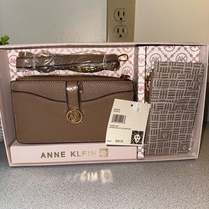 Anne Klein Tan and Gray Wallet Set with Gold Accents